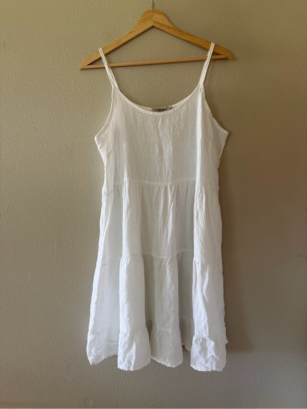 Valentina Naldi 100% Linen Made in Italy White Tiered Spaghetti Strap Mini Dress